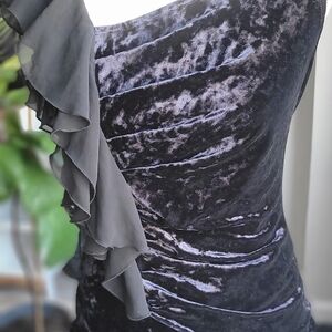 BCX Black Crushed Velvet One-Shoulder Top with Tiered Ruffle